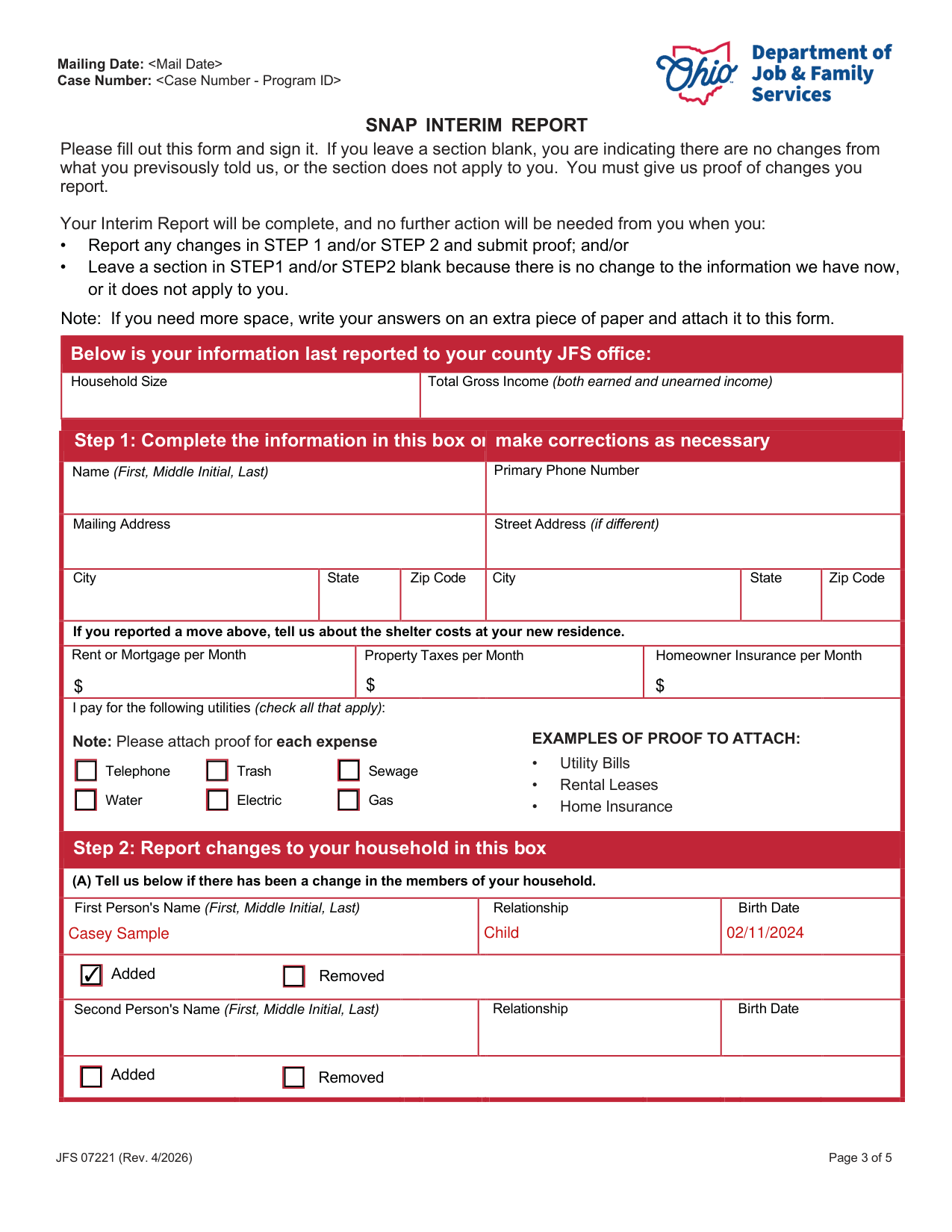 JFS 07221 example filled out, example: one added member and one new wage