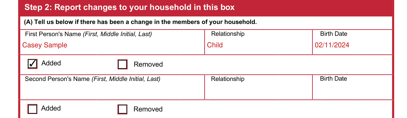 JFS 07221 example filled out, step 2 (A), a change in the members of your household