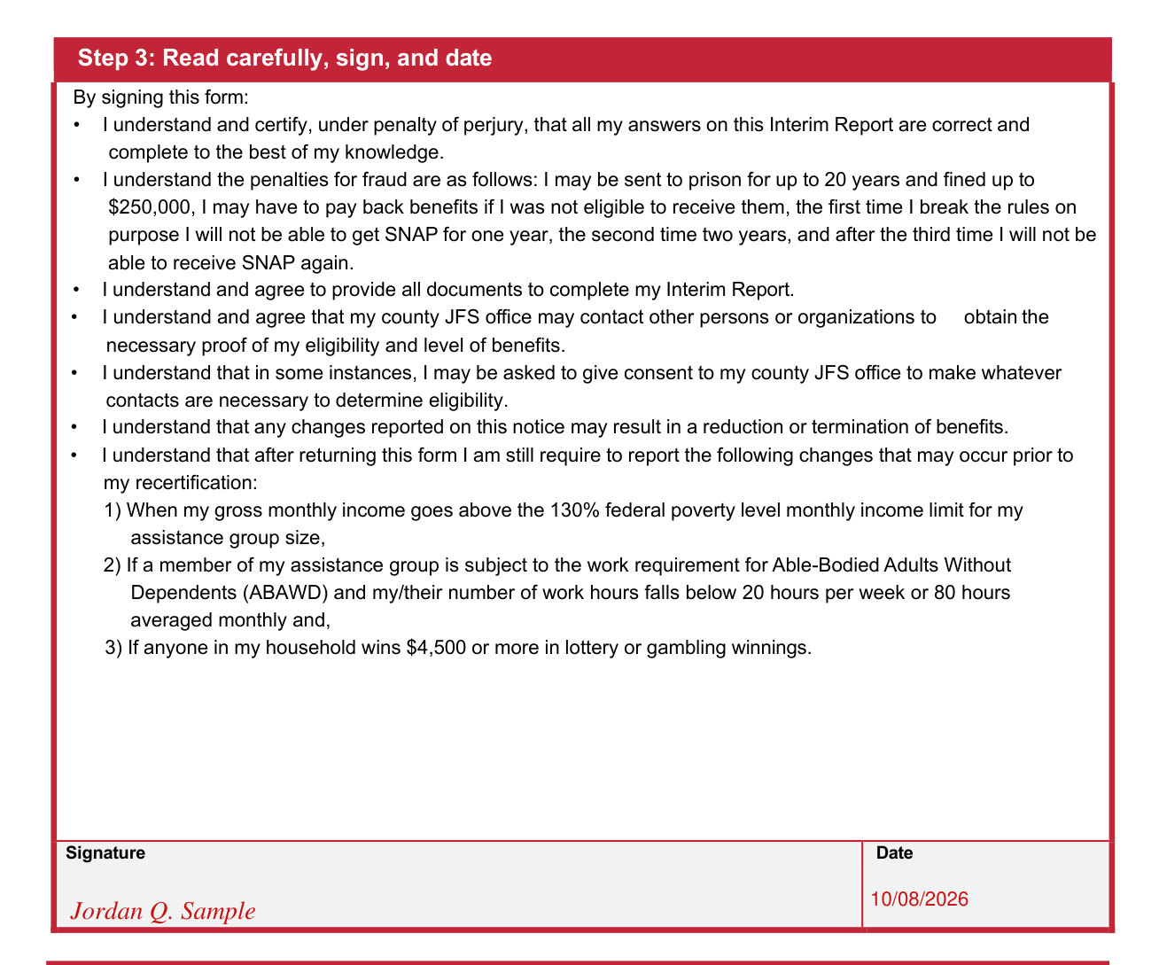 JFS 07221 example filled out, step 3: Read carefully, sign, and date