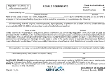 Form Ky Dor 51A105 Resale Certificate Preview
