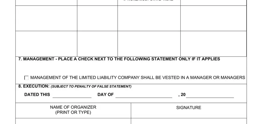 connecticut articles BUSINESS ADDRESS No PO Box IF NONE, MANAGEMENT  PLACE A CHECK NEXT TO, MANAGEMENT OF THE LIMITED, EXECUTION SUBJECT TO PENALTY OF, DATED THIS, DAY OF, NAME OF ORGANIZER PRINT OR TYPE, and SIGNATURE blanks to insert