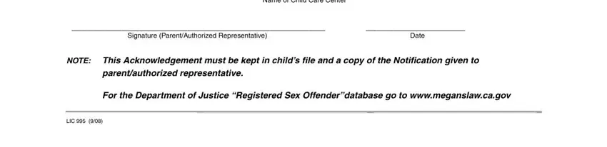 gov Name of Child Care Center, Signature ParentAuthorized, Date, NOTE This Acknowledgement must be, parentauthorized representative, For the Department of Justice, and LIC fields to complete