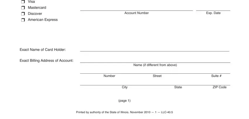 cyberdriveillinois business search r Visa r Mastercard r Discover r, Exact Name of Card Holder, Exact Billing Address of Account, Account Number, Exp Date, Name if different from above, Number, Street, Suite, City, page, State, ZIP Code, and Printed by authority of the State blanks to insert