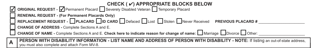 Form MV-145A example filled out, check the appropriate blocks below
