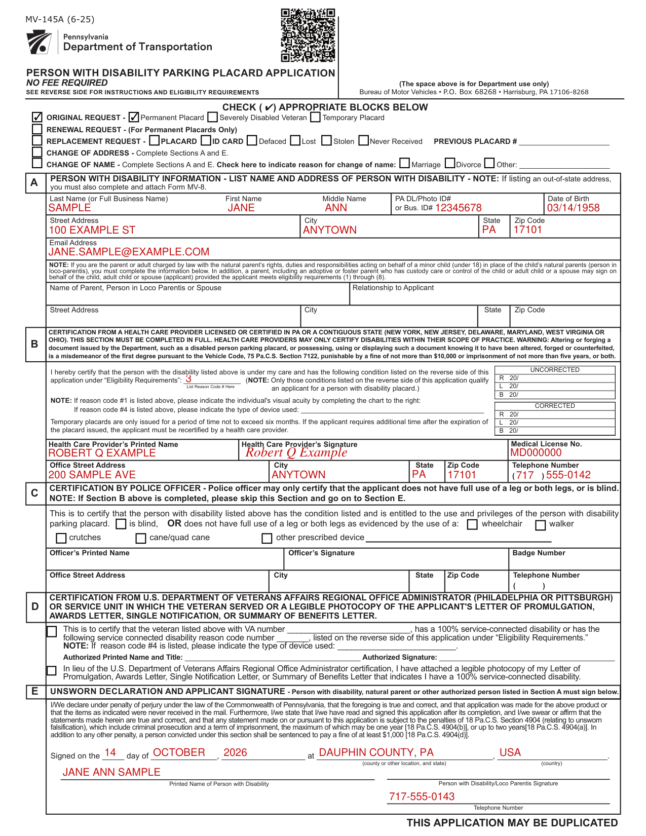 Form MV-145A example filled out, example: a permanent placard for a person who cannot walk 200 feet