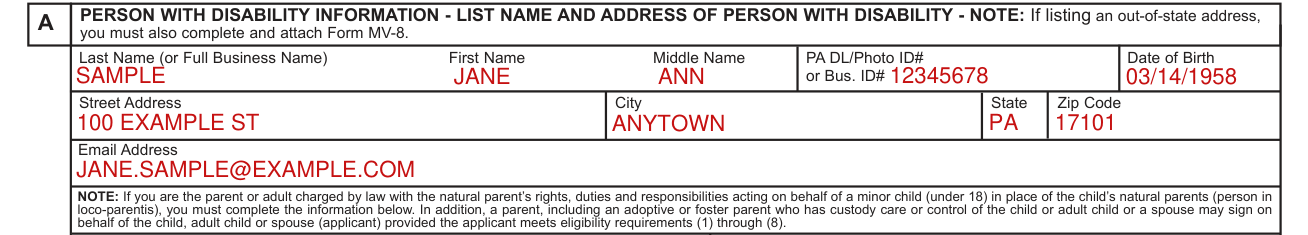 Form MV-145A example filled out, section A, person with disability information