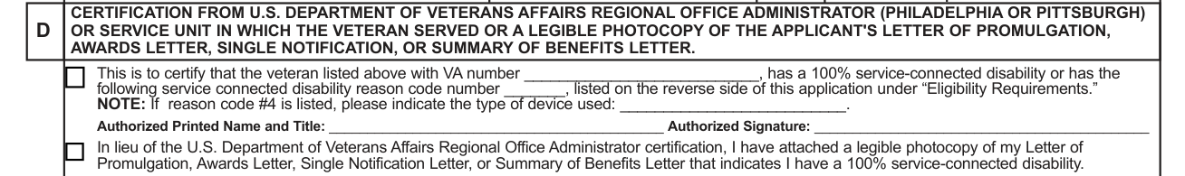 Form MV-145A example filled out, section D, certification from the U.S. Department of Veterans Affairs