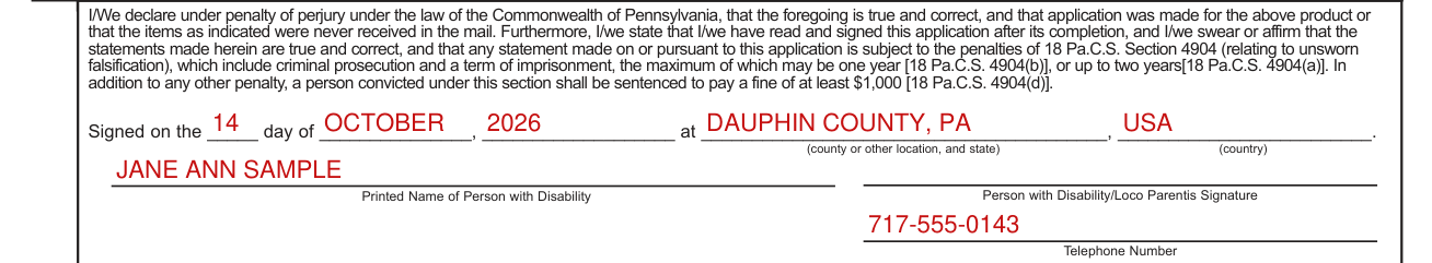 Form MV-145A example filled out, section E, signed on the day, printed name and signature
