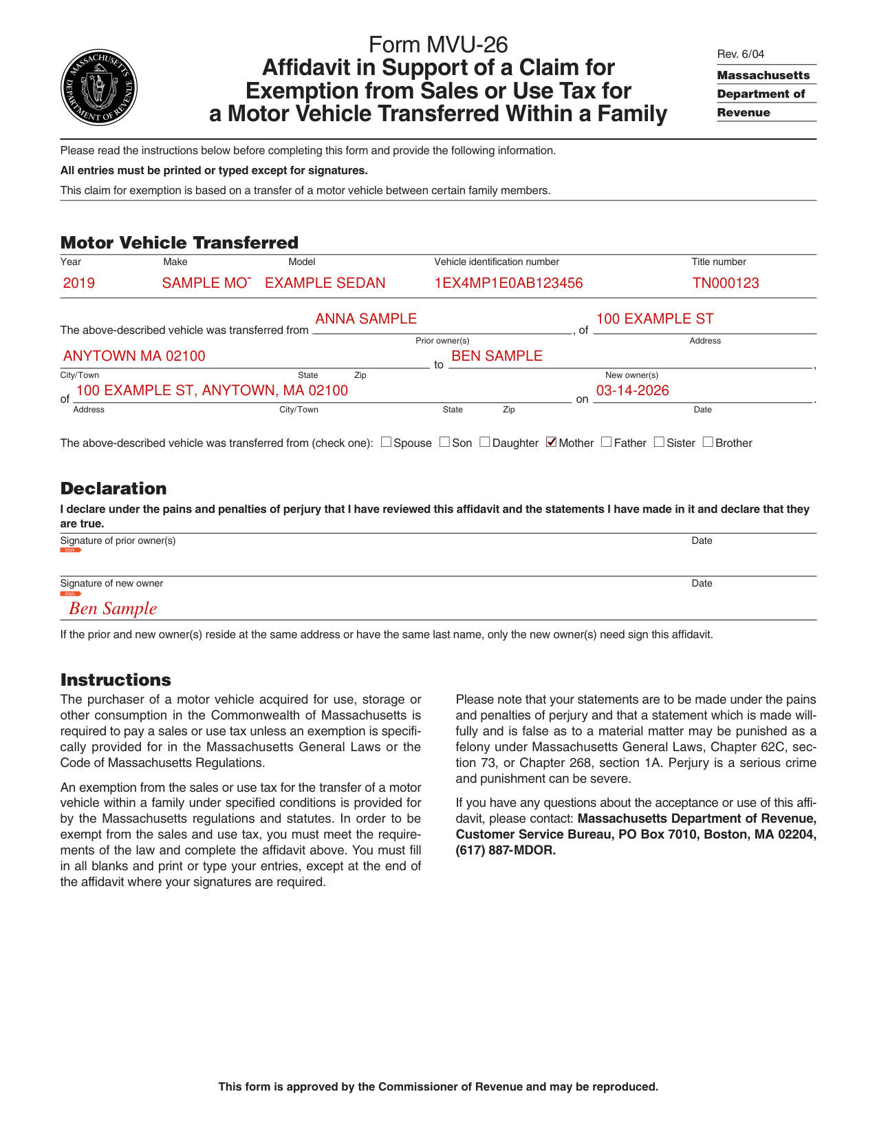 Form MVU-26 example filled out, example: a mother gives her son a car