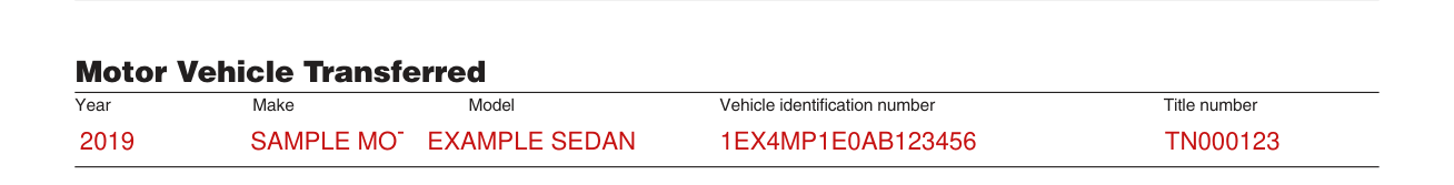 Form MVU-26 example filled out, motor Vehicle Transferred