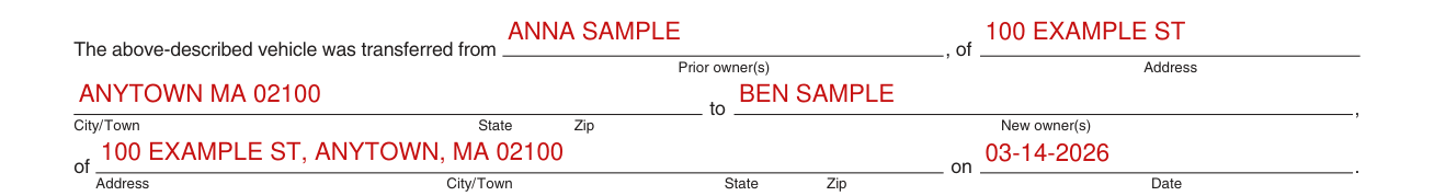 Form MVU-26 example filled out, prior owner(s) and new owner(s)