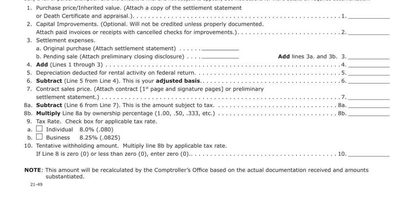 maryland form full The certificate of exemption will, Purchase priceInherited value, or Death Certificate and appraisal, Capital Improvements Optional, Attach paid invoices or receipts, Settlement expenses, a Original purchase Attach, b Pending sale Attach preliminary, Add lines a and b, Add Lines  through, Depreciation deducted for rental, Subtract Line  from Line  This is, settlement statement, a Subtract Line  from Line  This, and b Multiply Line a by ownership blanks to insert