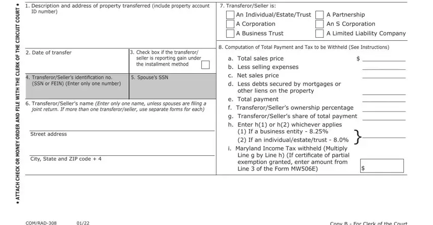 recordation ID number, Description and address of, Check box if the transferor, Date of transfer, TransferorSeller is, An IndividualEstateTrust, A Partnership, A Corporation, An S Corporation, A Business Trust, A Limited Liability Company, F O K R E L C E H T H T I W E L I, seller is reporting gain under the, TransferorSellers identification, and Spouses SSN blanks to fill out