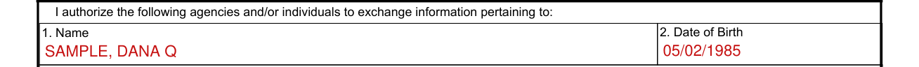 NAVMC 11720 example filled out, 1. Name and 2. Date of Birth