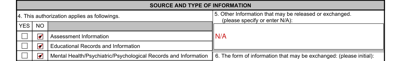 NAVMC 11720 example filled out, 5. Other Information that may be released or exchanged