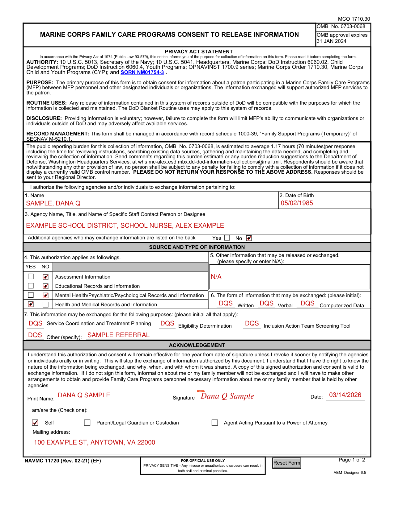NAVMC 11720 example filled out, example: an adult EFM consents to release health records