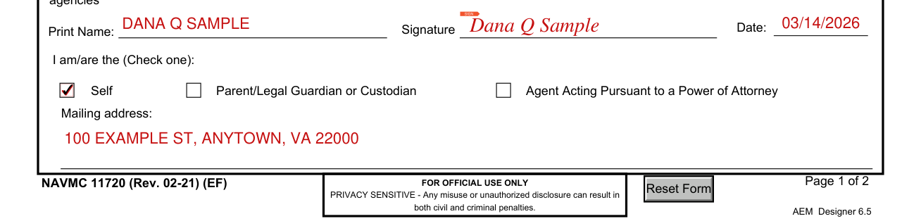 NAVMC 11720 example filled out, print Name, Signature, Date and Mailing address