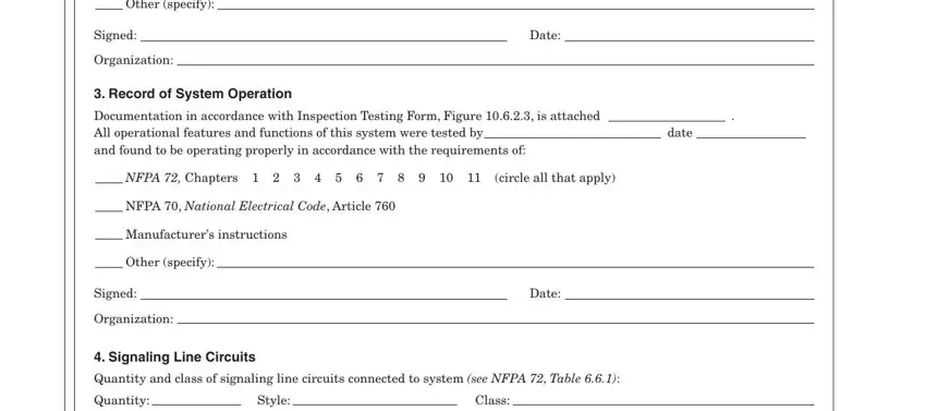 nfpa record completion Otherspecify, Signed, Date, Organization, date, NFPAChapterscircleallthatapply, NFPANationalElectricalCodeArticle, Manufacturersinstructions, Otherspecify, Signed, Date, Organization, Style, and Class blanks to complete