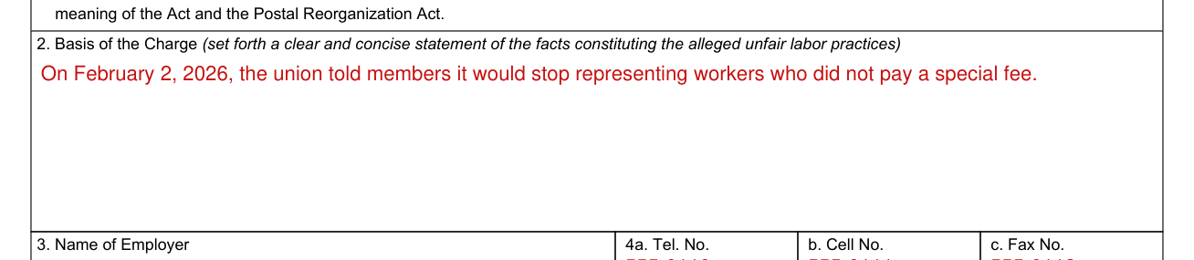 Form NLRB-508 example filled out, basis of the Charge