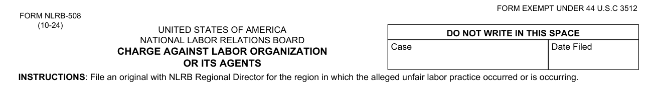 Form NLRB-508 example filled out, case and Date Filed