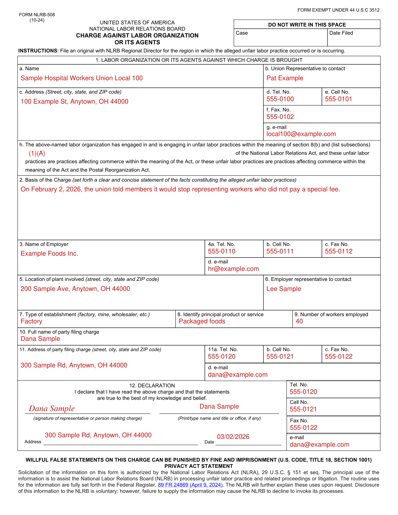 Form NLRB-508 example filled out, example: a worker files a charge against a union