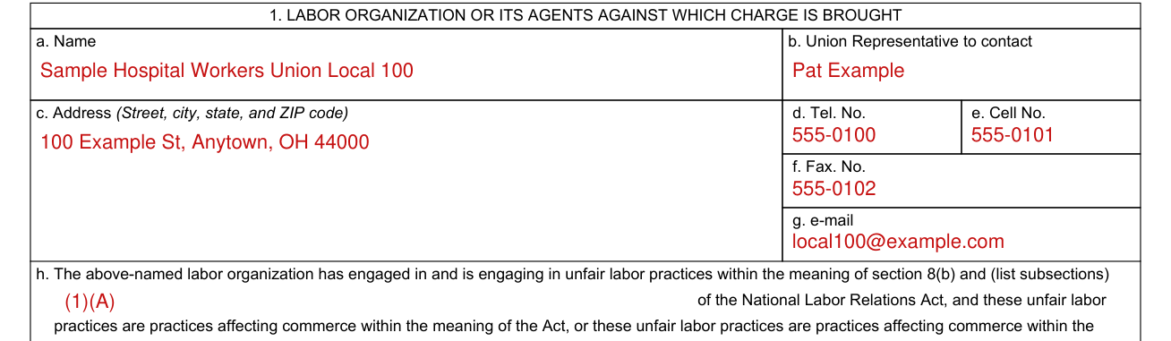 Form NLRB-508 example filled out, labor organization against which the charge is brought