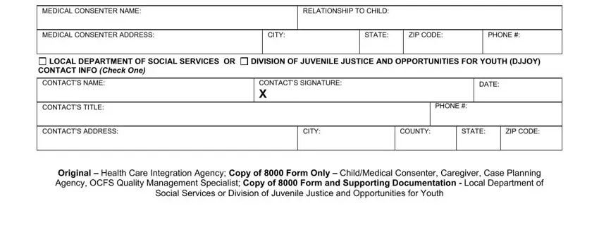ocfs 5014 s form MEDICAL CONSENTER NAME, RELATIONSHIP TO CHILD, MEDICAL CONSENTER ADDRESS, CITY, STATE, ZIP CODE, PHONE, LOCAL DEPARTMENT OF SOCIAL, DIVISION OF JUVENILE JUSTICE AND, CONTACT INFO Check One, CONTACTS NAME, CONTACTS TITLE, CONTACTS SIGNATURE X, DATE, and PHONE blanks to complete
