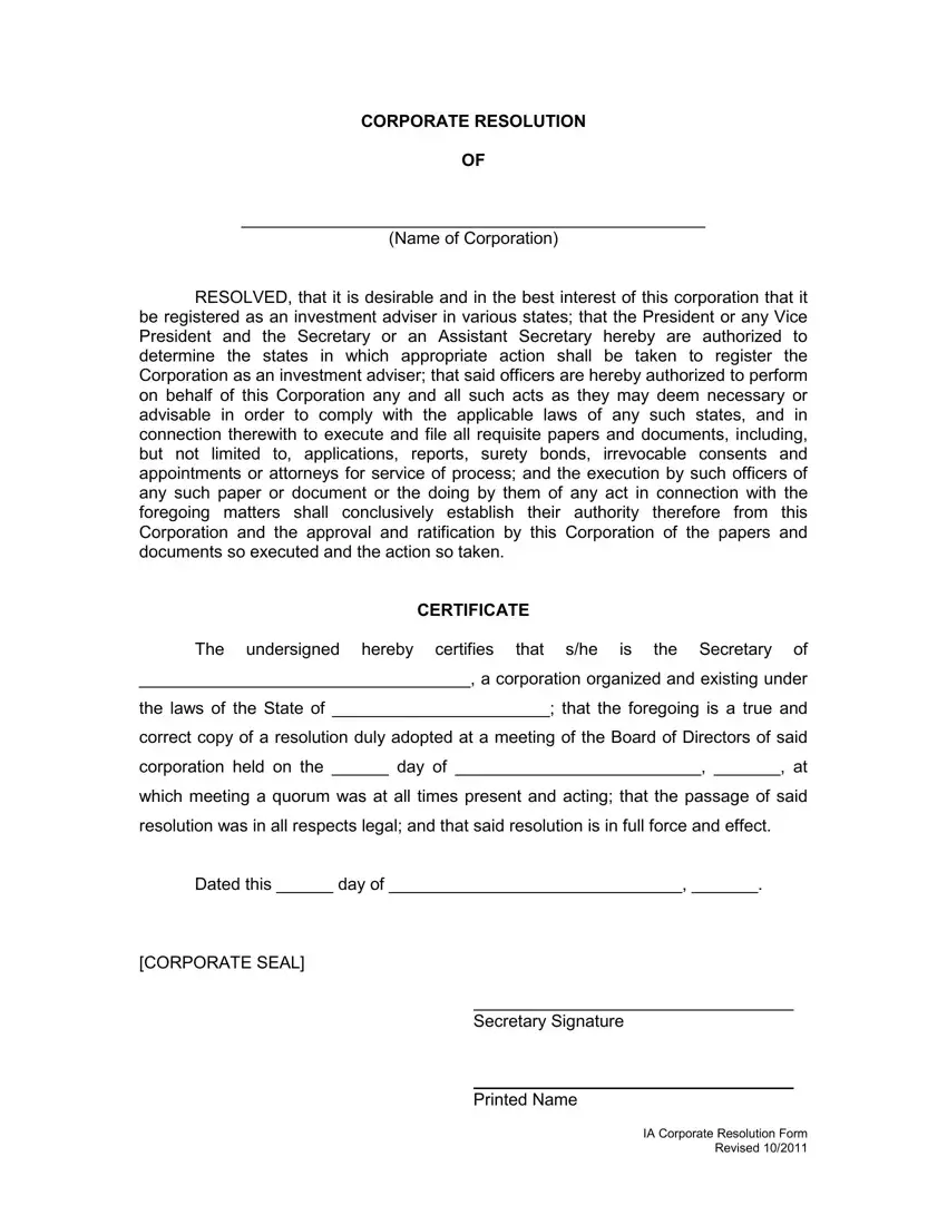 Form Of Corporate Resolution first page preview