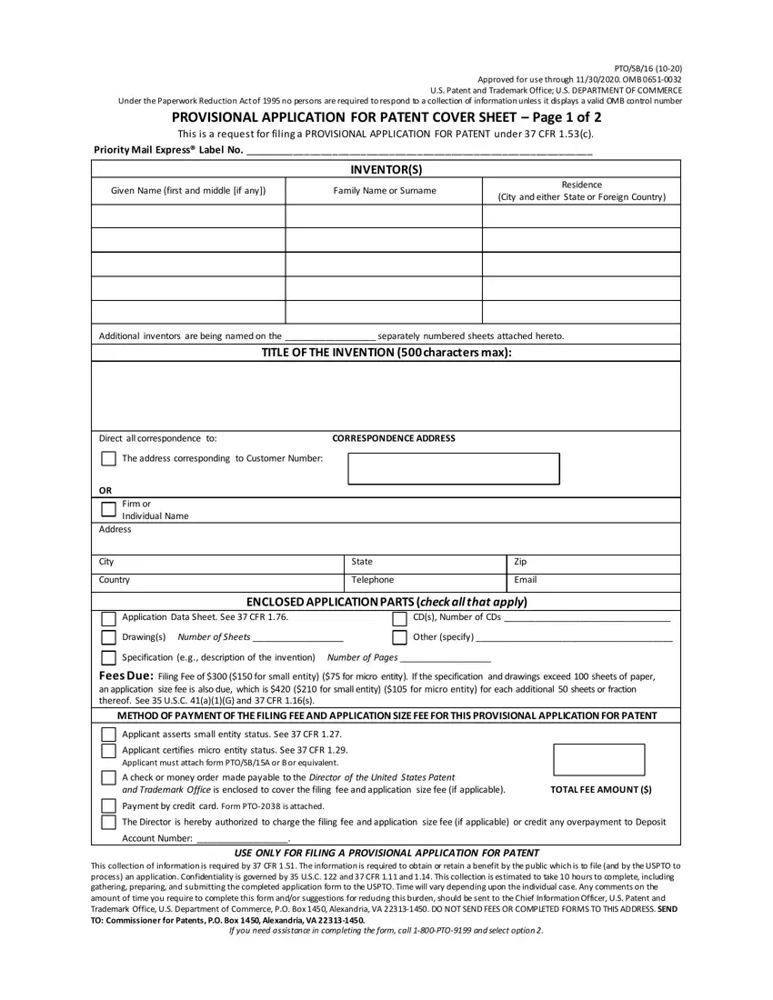 Form Pto Sb 16 first page preview