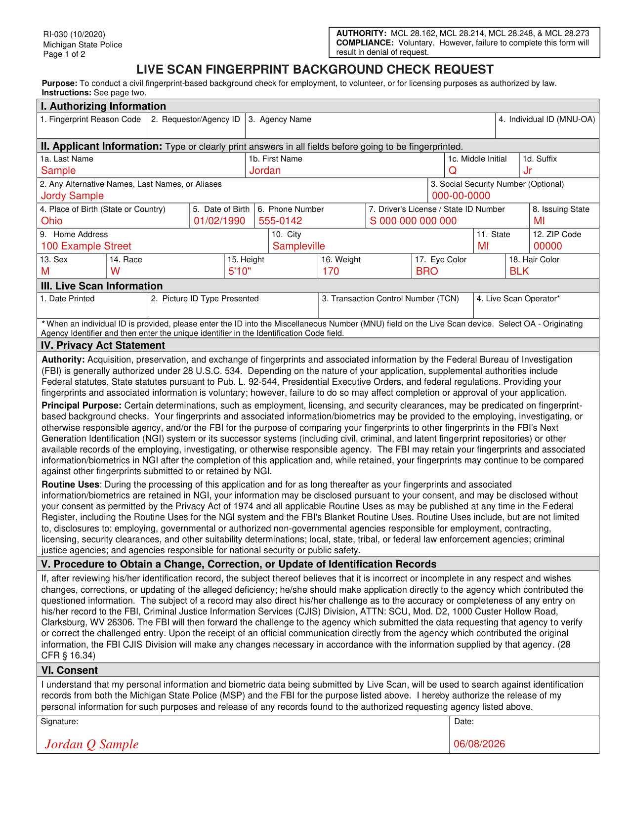 Form RI-030 example filled out, example: an applicant fills out Section II and signs