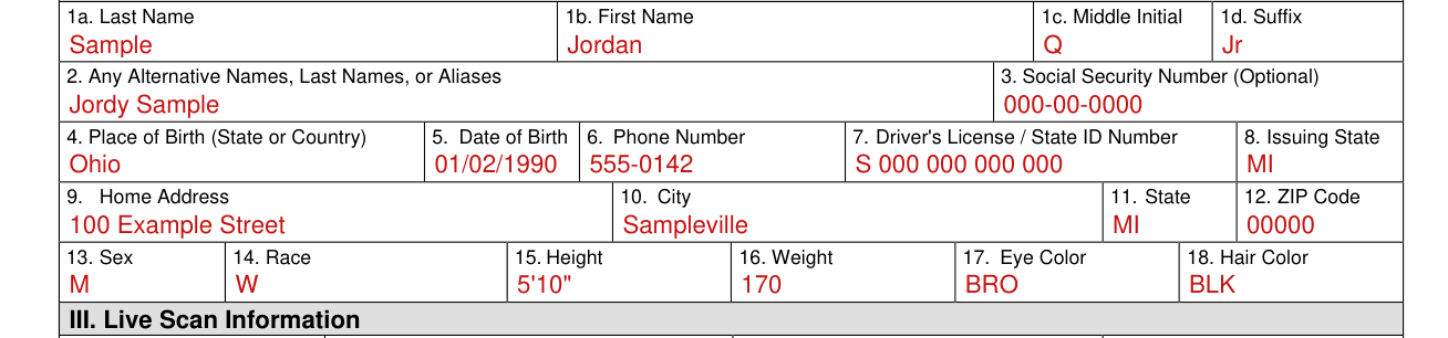 Form RI-030 example filled out, iI. Applicant Information