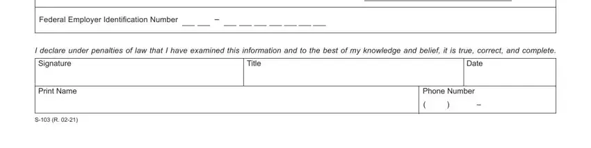 Federal Employer Identification, I declare under penalties of law, Signature, Print Name, S R, Title, Date, and Phone Number in wisconsin application tax