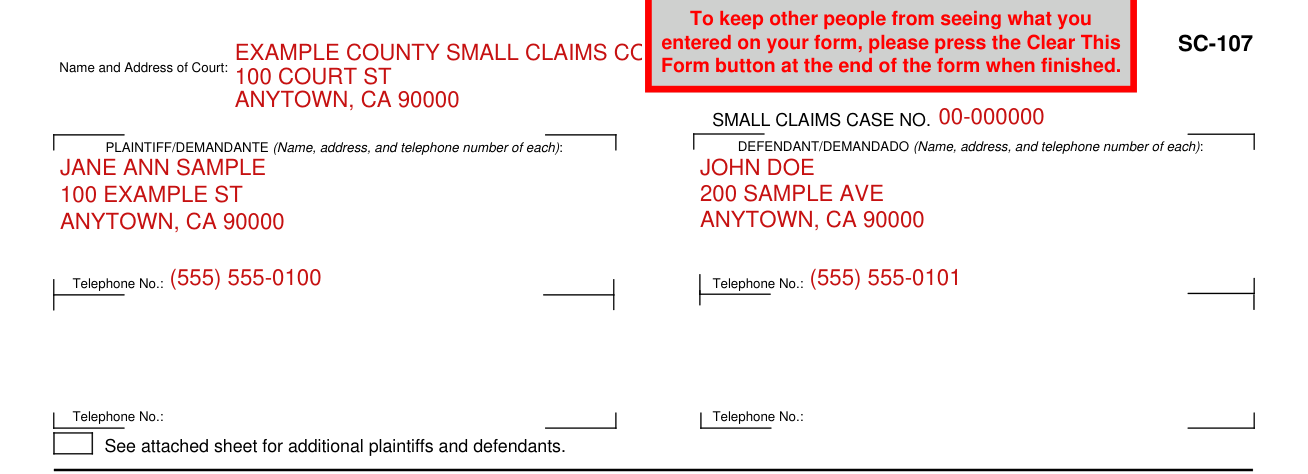 Form SC-107 example filled out, court, case number, plaintiff and defendant