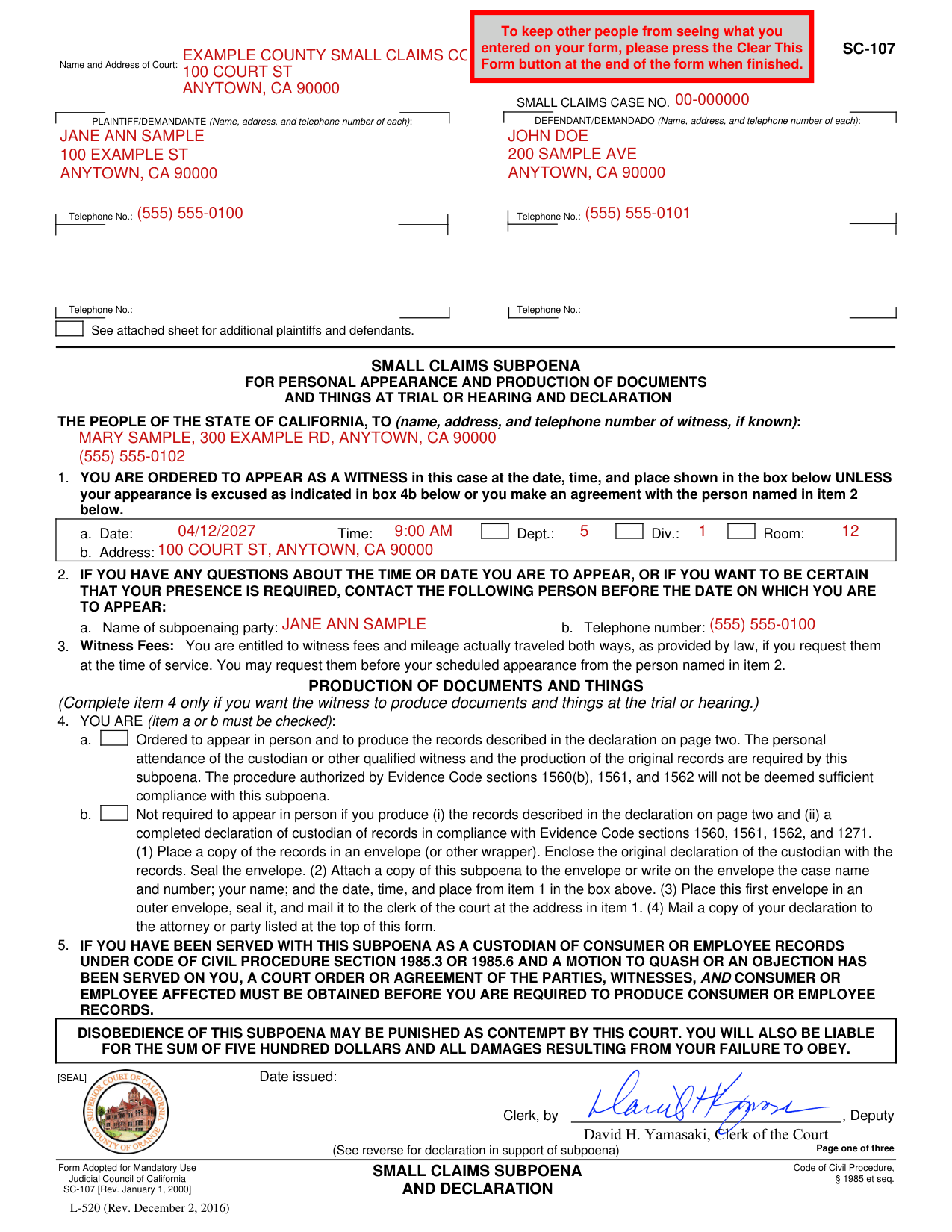 Form SC-107 example filled out, example: a plaintiff subpoenas a witness to appear