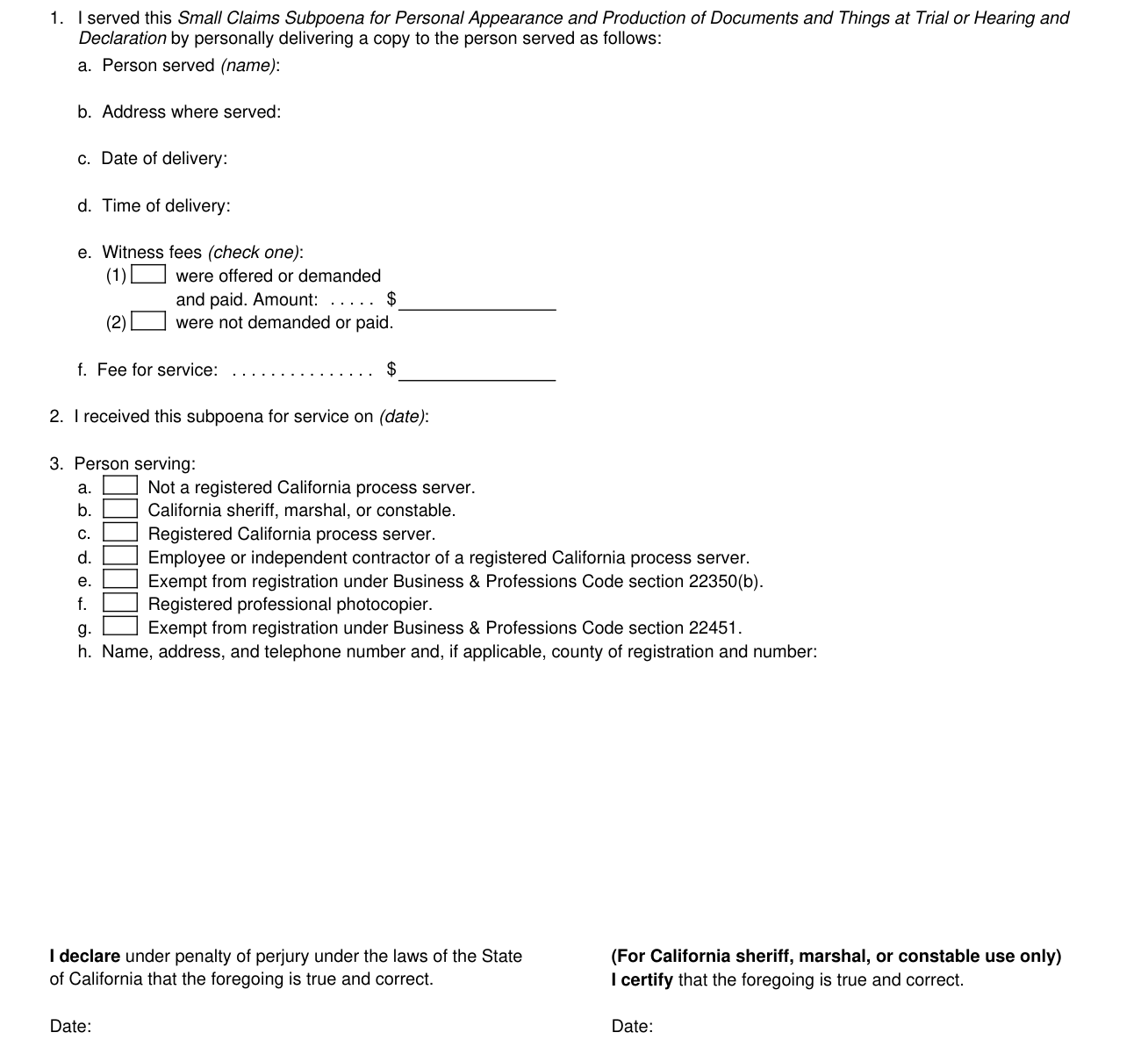 Form SC-107 example filled out, proof of service