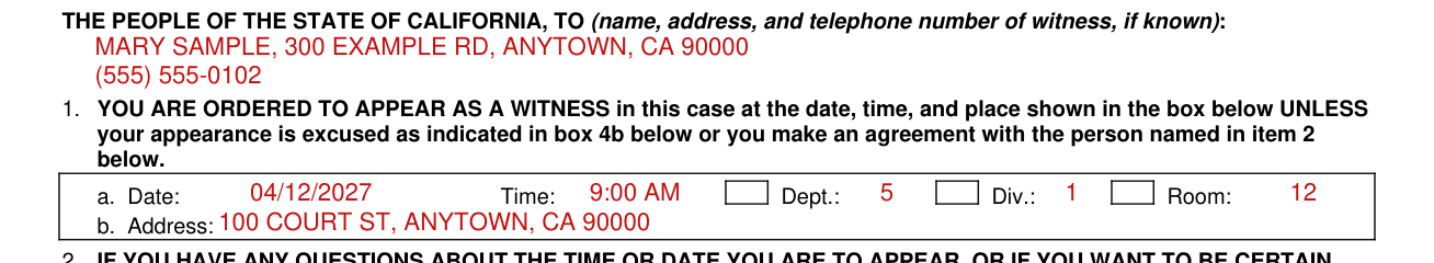 Form SC-107 example filled out, the witness and when to appear