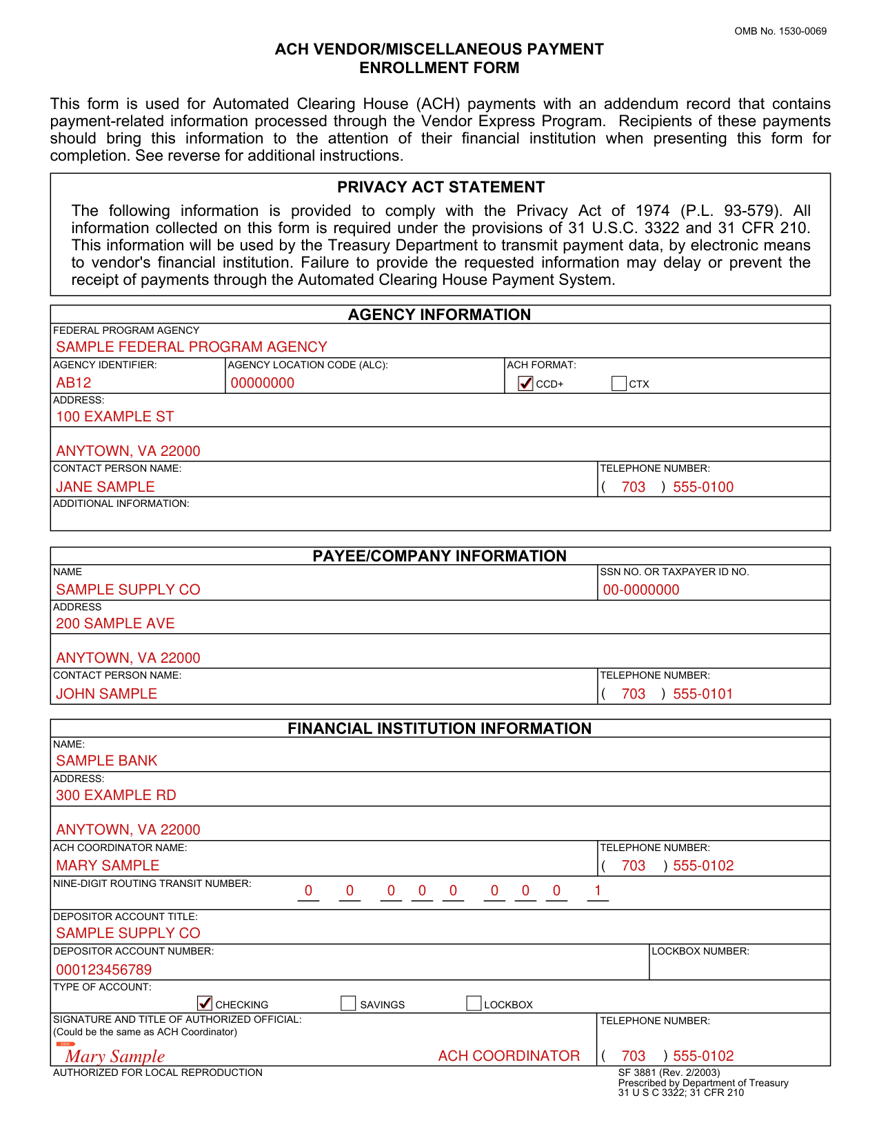 SF 3881 example filled out, example: a supplier enrolls in ACH payments