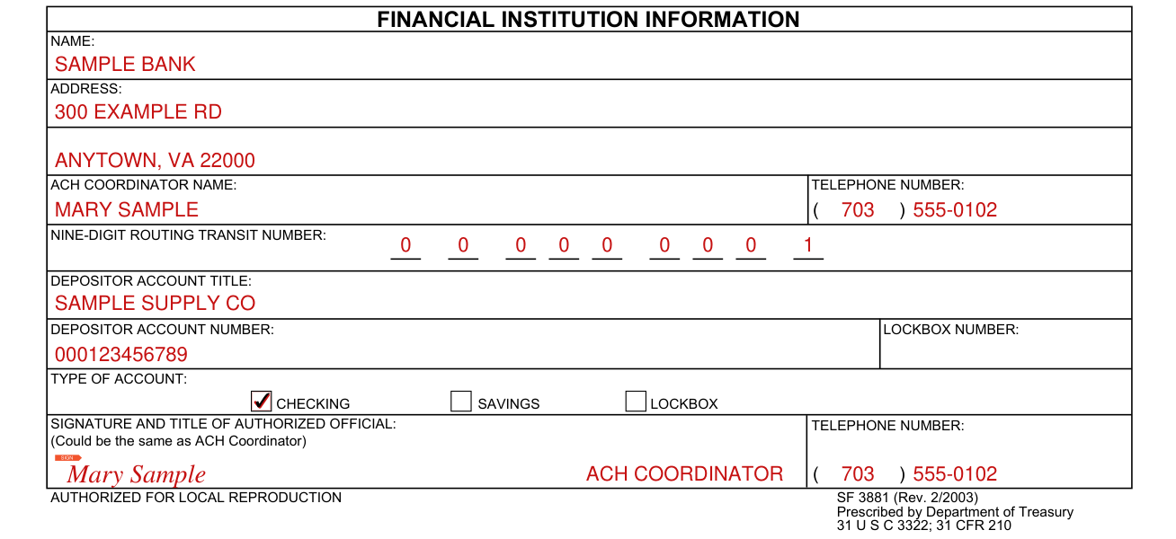 SF 3881 example filled out, financial institution information