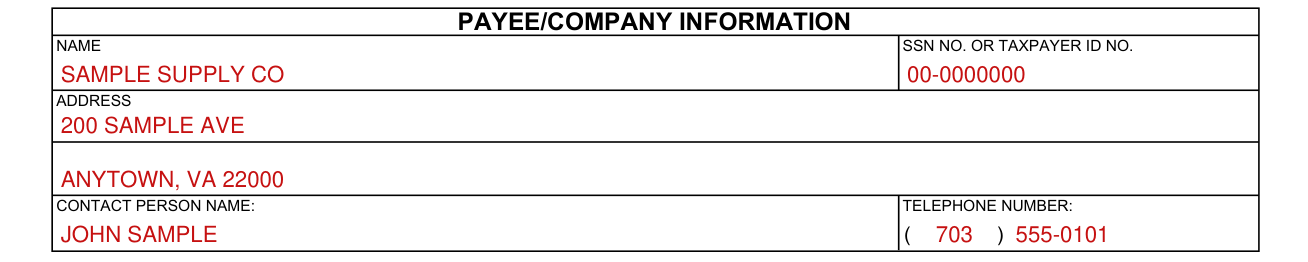 SF 3881 example filled out, payee/Company information
