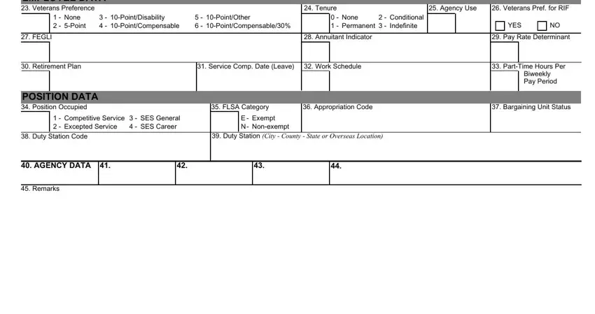 sf50 form EMPLOYEE DATA  Veterans Preference, Tenure, Agency Use, Veterans Pref for RIF, None   Point, PointDisability, PointOther   PointCompensable, None   Permanent, Conditional   Indefinite, FEGLI, Annuitant Indicator, Retirement Plan, Service Comp Date Leave, Work Schedule, and YES blanks to fill