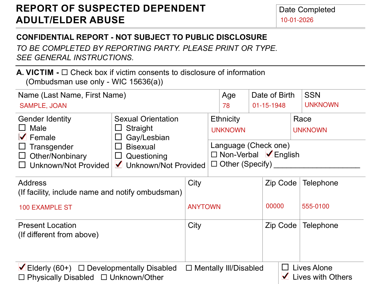 Form SOC 341 example filled out, box A: the victim