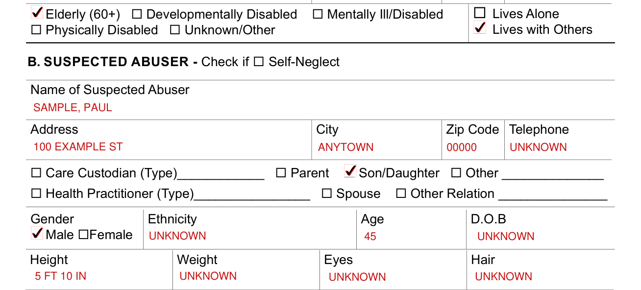 Form SOC 341 example filled out, box B: the suspected abuser
