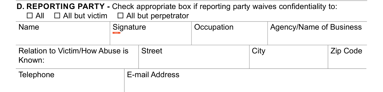 Form SOC 341 example filled out, box D: the reporting party, signature and confidentiality