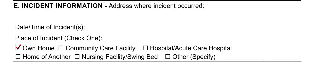 Form SOC 341 example filled out, box E: the incident