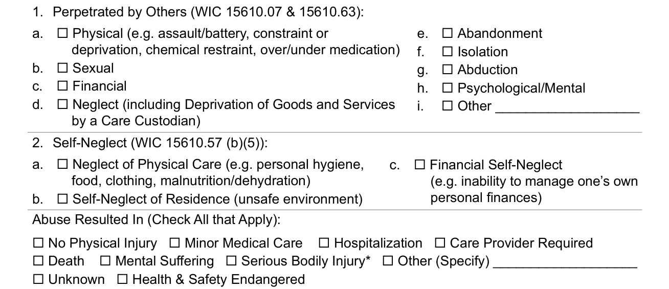 Form SOC 341 example filled out, box F: the types of abuse and what it resulted in