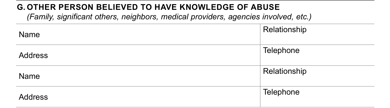 Form SOC 341 example filled out, box G: other persons who know of the abuse