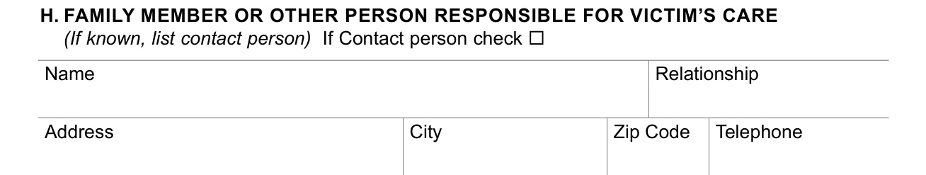 Form SOC 341 example filled out, box H: the person responsible for the victim's care