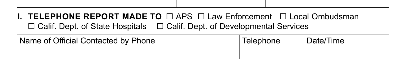 Form SOC 341 example filled out, box I: the telephone report