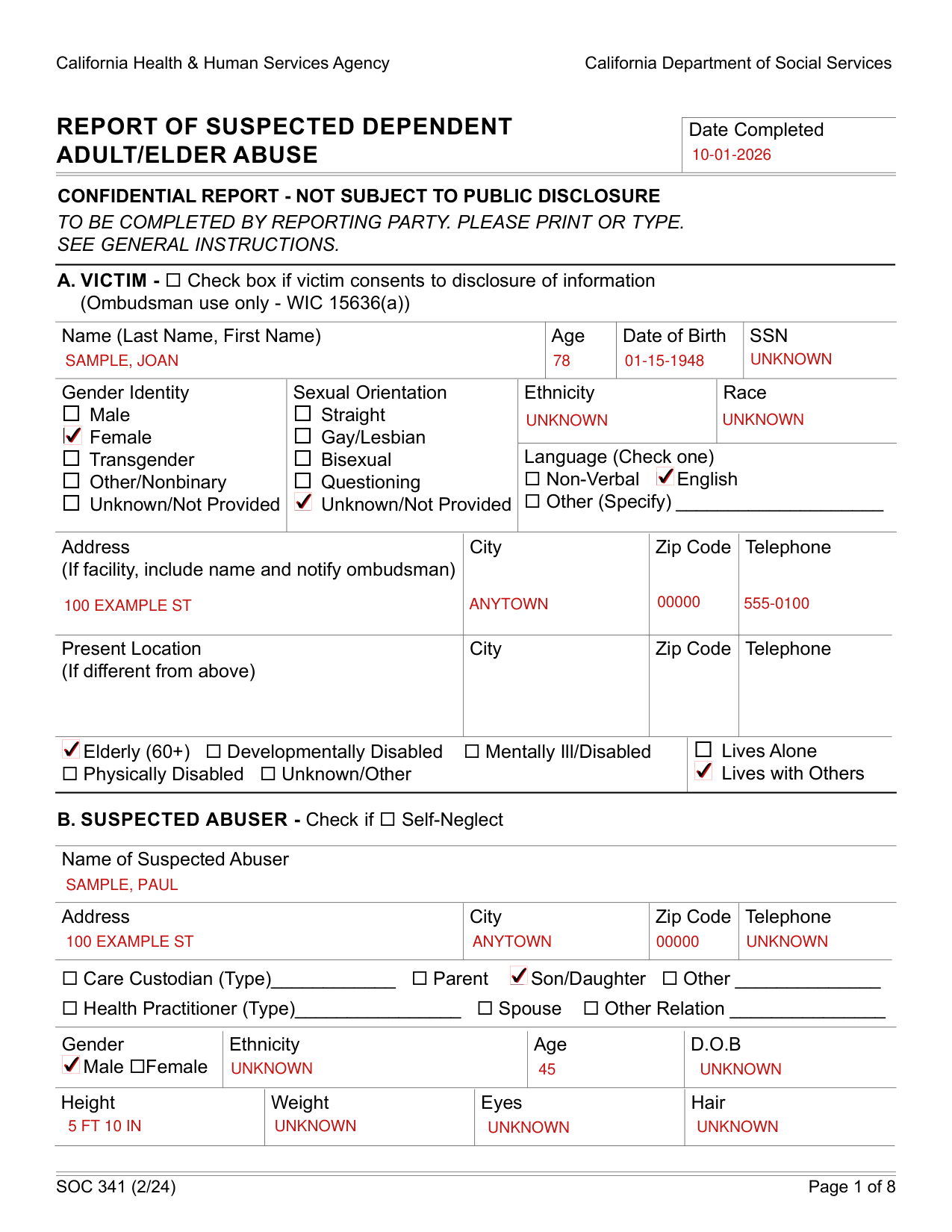 Form SOC 341 example filled out, example: a home health aide reports suspected neglect