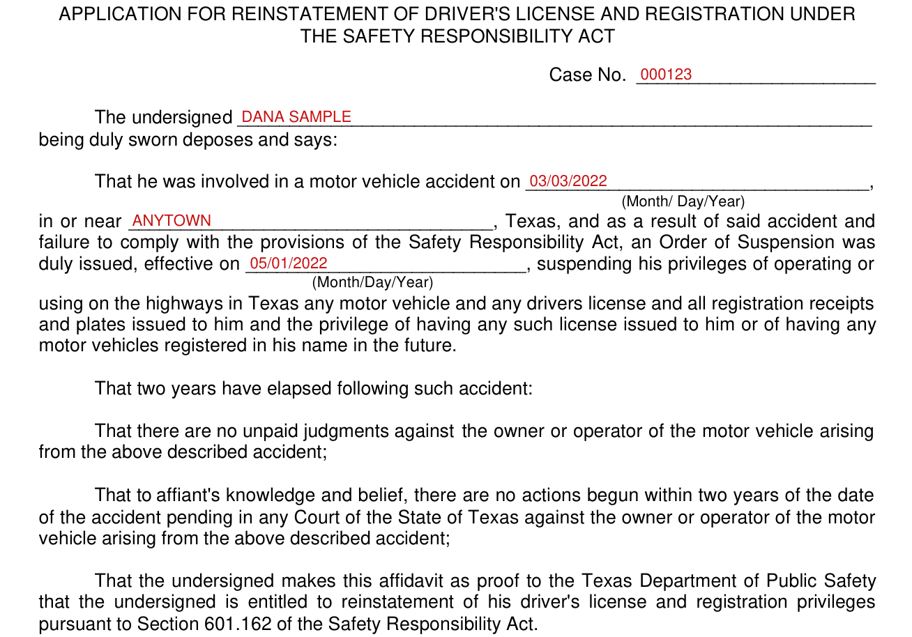 Form SR-60 example filled out, case No., the undersigned, the accident and the affidavit